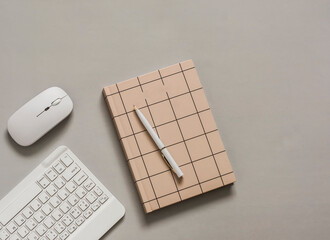 Work, learning, education background - keyboard, mouse, notepad on a gray background, top view - 780248084