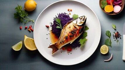 Asian fish fry served on a wooden table, featuring fried fish and vegetables on a white dish.
