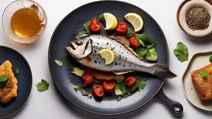 Asian fish fry served on a wooden table, featuring fried fish and vegetables on a white dish.