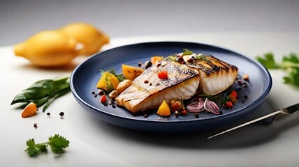 Asian fish fry served on a wooden table, featuring fried fish and vegetables on a white dish.