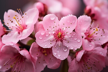 Pink cherry blossom, Japanese sakura photo, close-up with dew drops
