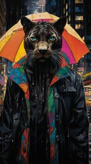 Fototapeta na wymiar he enigmatic panther, clad in a sleek midnight velvet coat, prowls through a neon-lit urban jungle. A diamond-studded collar gleams, and its emerald eyes reflect the city's nocturnal mystique, exuding