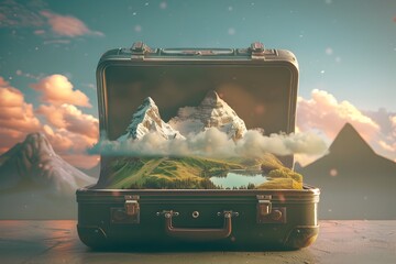 Suitcase Unveiling a Captivating World of Landscapes and Adventure - obrazy, fototapety, plakaty