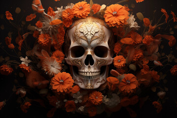 Human skull in orange flowers. Dia de los muertos