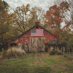 A rustic American flag on a barn
