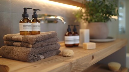 Modern Bathroom Interior with Organic Bath Products and Towels