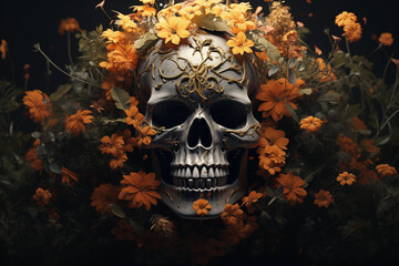 Human skull in orange flowers. Dia de los muertos