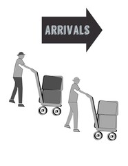 Two men are arriving from a plane pushing carts with pink boxes on them