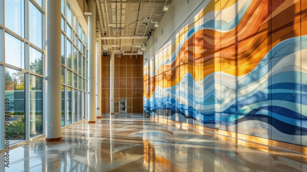 Poster in the administrative building of the green school the lobby is adorned with a large art installatio