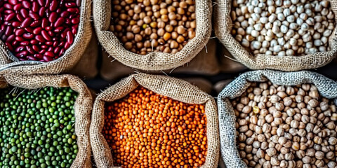 A top view of various shades and types of legumes in jute bags  on the table. different types of beans in bags, healthy and nutritious food - obrazy, fototapety, plakaty