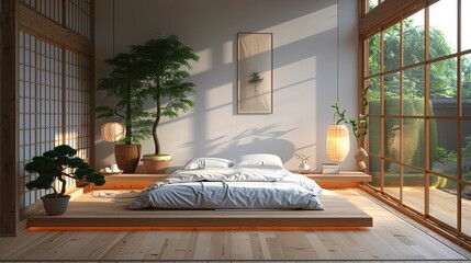 Serene Japanese Style Bedroom Interior with Natural Light - obrazy, fototapety, plakaty
