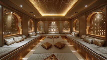 Luxurious Traditional Arabic Majlis Interior Design with Illuminated Ornate Walls