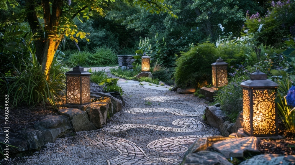 Aufkleber delicate lanterns dot the edges of the stone path casting a soft glow on the intricate patterns engr