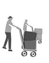 A man is pushing a cart with two other people