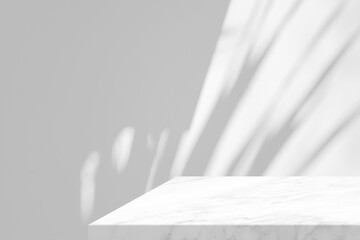 Minimal white marble table corner with shadow and light beam on concrete wall background