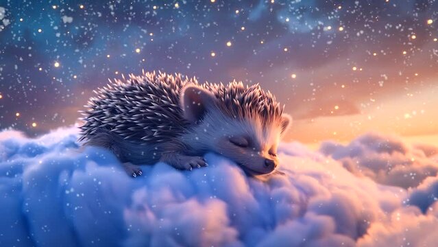 cute little hedgehog is sleeping on a cloud, a star in the sky. Seamless looping 4k time-lapse video animation background 