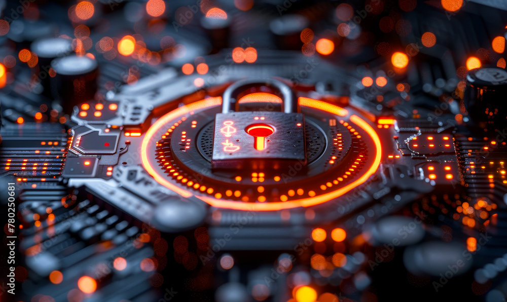 Poster high-tech security: padlock on circuit board - cybersecurity core for network protection concept