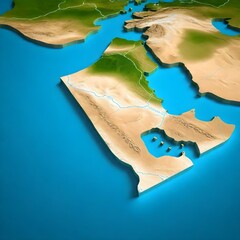 Kuwait 3D map Geography Cartography and topology Sea Blue surface 3D illustration