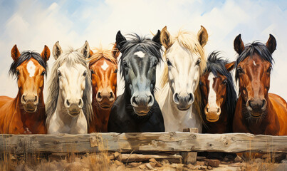 Gathering of Diverse Horses Over Fence on Sunny Field - Equestrian Friends Portrait - obrazy, fototapety, plakaty