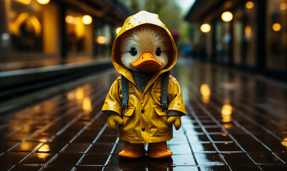 A whimsical and adorable scene of a plush duckling in a bright yellow raincoat braving the wet city streets after hours, surrounded by warm evening lights - obrazy, fototapety, plakaty