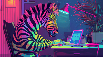 A zebra is sitting at a desk with a laptop and a keyboard