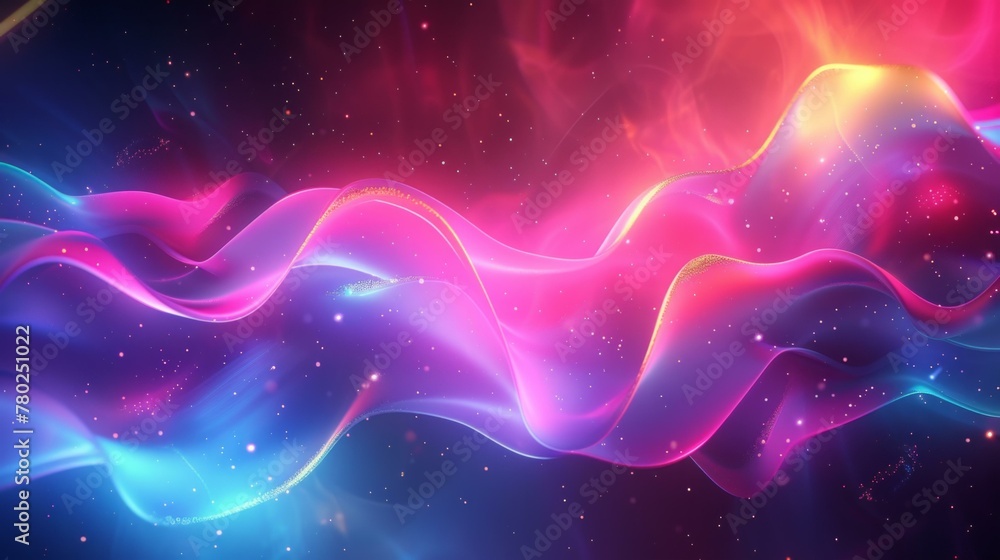 Poster abstract fluid iridescent holographic neon curved wave in motion, creating a mesmerizing colorful ba