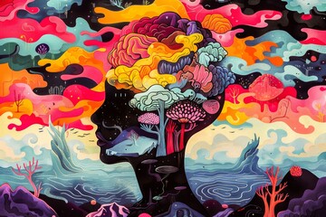 Vibrant and surreal artwork featuring a fusion of an underwater scene with a colorful, abstract depiction of a brain.