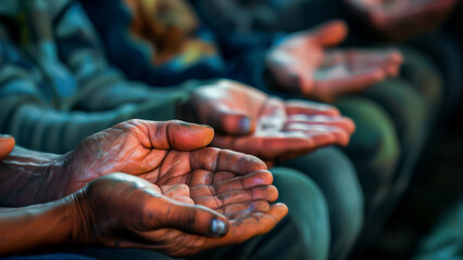 A powerful image showing a group of open hands outstretched, symbolizing need, generosity, and community support.