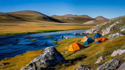 A serene camping setup by a river in a vast, scenic mountain valley with brightly colored tents. - Powered by Adobe