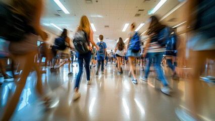 Blurred motion of students bustling through a school hallway, conveying the busy atmosphere of student life during a break.