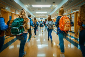 Group of teenagers with backpacks hurrying along a school corridor, capturing the energy of school life.