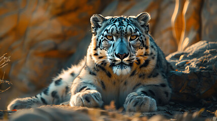 closeup of a Snow leopard sitting calmly, hyperrealistic animal photography, copy space for writing