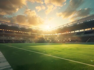 Impressive D Rendered Soccer Stadium Bathed in Sunset Glow and Dramatic Atmosphere