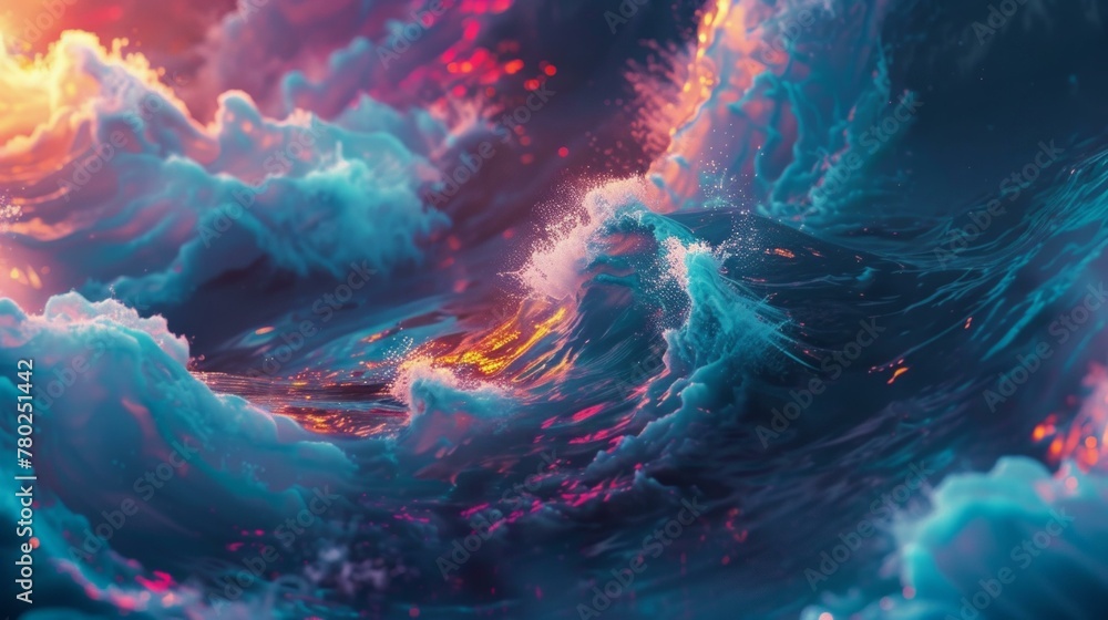 Poster visualize an abstract scene with 3d-rendered glowing waves, ai generative