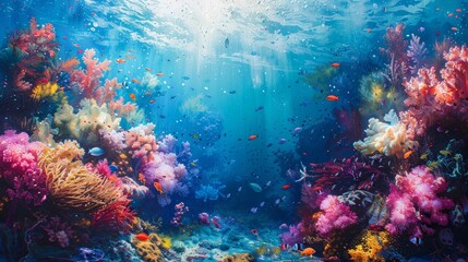 Obraz na płótnie Canvas Underwater marvel, a vibrant coral reef teeming with life, fish groups navigating the clear blue ocean, AI Generative