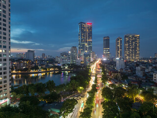 Aerial skyline view of Hanoi cityscape at sunset in Nguyen Chi Thanh street