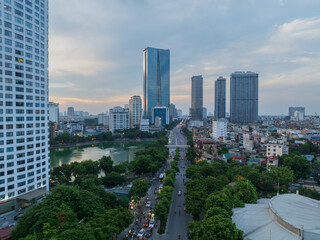 Fototapeta na wymiar Aerial skyline view of Hanoi cityscape at sunset in Nguyen Chi Thanh street