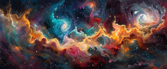 Vibrant tendrils of color weave intricate patterns across the canvas of space, a celestial tapestry unfolding in silent reverence. - obrazy, fototapety, plakaty