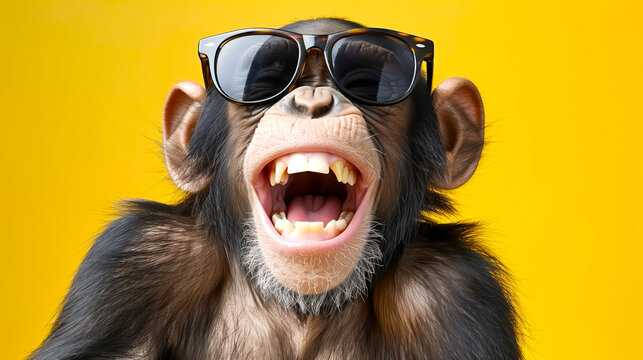 Cheerful Chimpanzee Wearing Sunglasses Laughing on Yellow Background