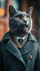 Sleek cat struts with feline grace in a tailored ensemble, embodying street style. The realistic urban backdrop captures the essence of chic sophistication, blending whiskered charm with contemporary  - obrazy, fototapety, plakaty