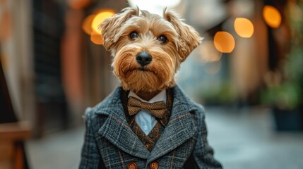 Dapper dog strolls through the city streets in tailored fashion, a charismatic blend of street style. Realistic urban scenery frames this chic canine, merging charm with contemporary flair effortlessl - obrazy, fototapety, plakaty