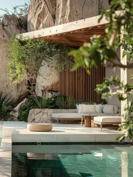 A minimalist poolside cabana with white cushions