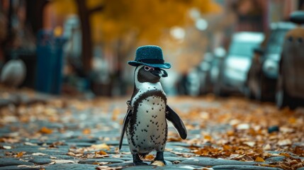 Dapper penguin struts through city streets in tailored elegance, embodying street style. The realistic urban backdrop frames this formally attired bird, seamlessly merging Antarctic charm with contemp