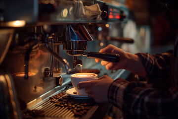 Naklejka premium Barista makes coffee for customers at cafe or restaurant