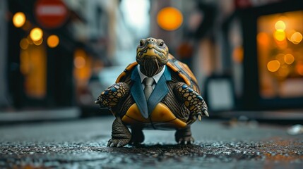 Stylish turtle ambles through city streets in tailored elegance, epitomizing street style. The realistic urban backdrop frames this shelled reptile, seamlessly merging slow-paced charm with contempora