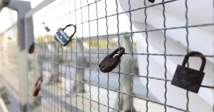 Closed locks of lovers hang on the fence of bridge
