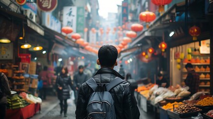 China food market street, Asian tourist walking in city streets on Asia vacation tourism - obrazy, fototapety, plakaty