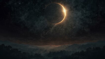 Obraz na płótnie Canvas The moon slowly eclipses the sun, casting an ethereal glow across the sky