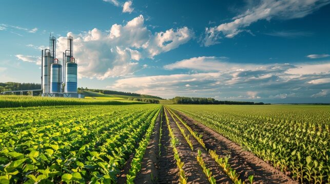 A scenic view of a field of crops with a compact biofuel production unit in the foreground highlighting the potential for decentralized and ecofriendly fuel production. .