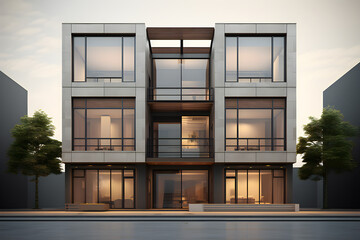 A minimalistic facade of a modern building with a geometric pattern of gray  structures , generated...
